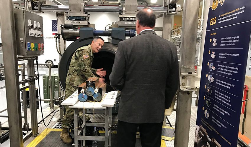 The Commanding General of U.S. Army Communications-Electronics Command and Senior APG Commander, Maj. Gen. Randy S. Taylor, visits CMA to learn about the EDS April 10.